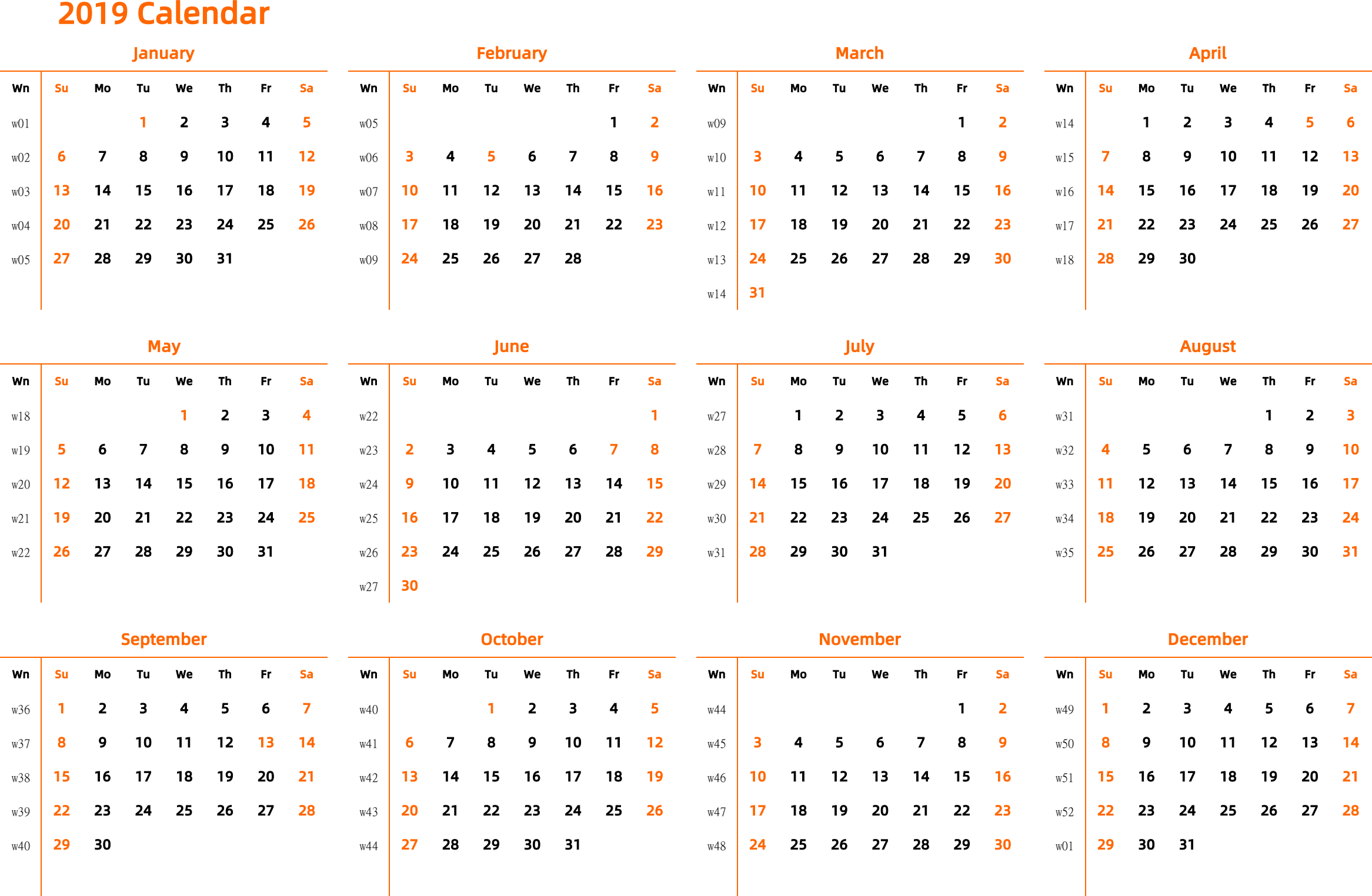 日历表2019年日历 英文版 横向排版 周日开始 带周数 带节假日调休安排